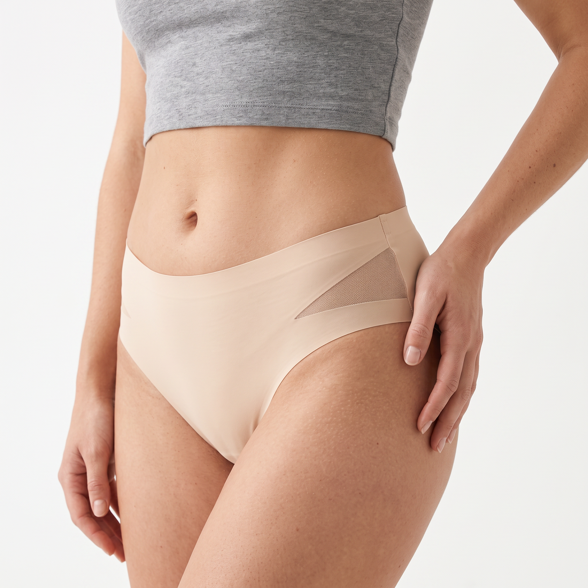 Seamless Mesh-Trim Brief in Nude — front view