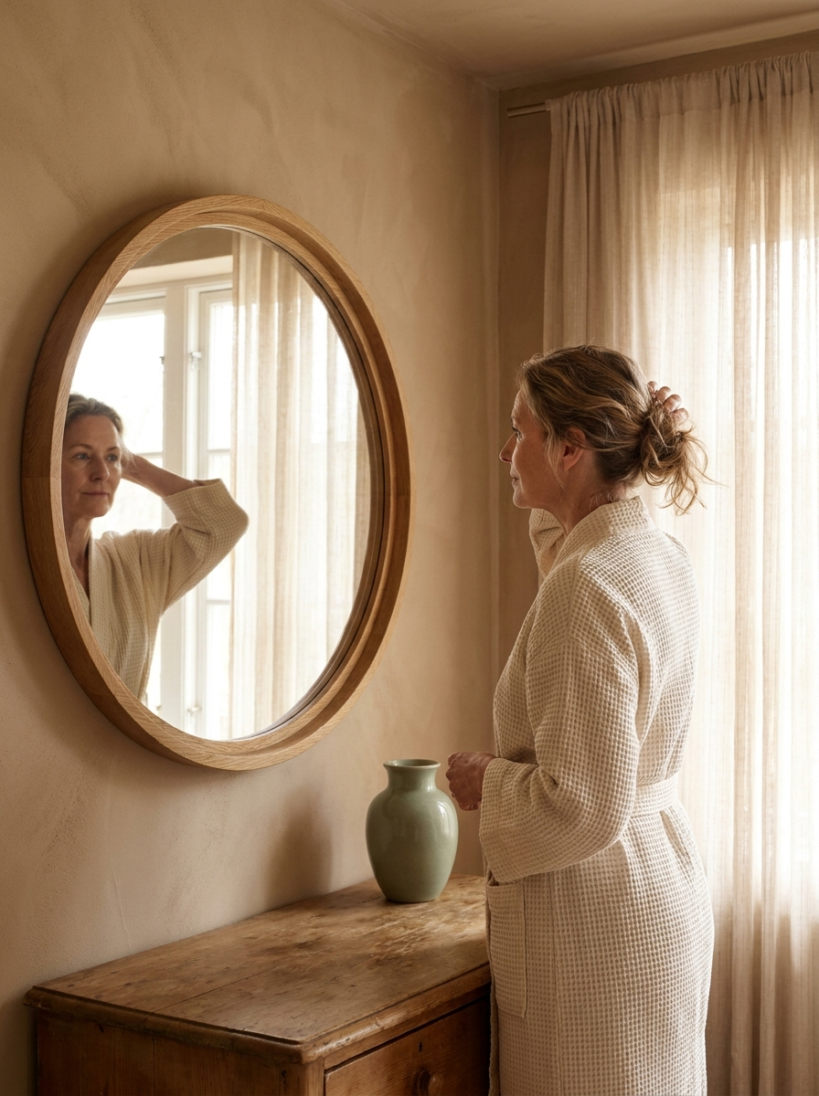 Woman in a cream waffle-knit robe adjusting her hair at a round mirror in soft morning light
