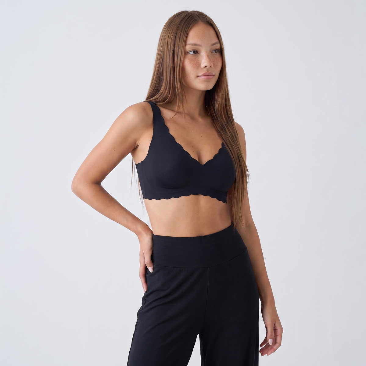 The Scalloped Deep V Wireless Bra — full-length front view