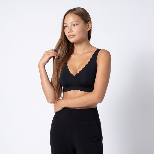 The Scalloped Deep V Wireless Bra — front three-quarter view