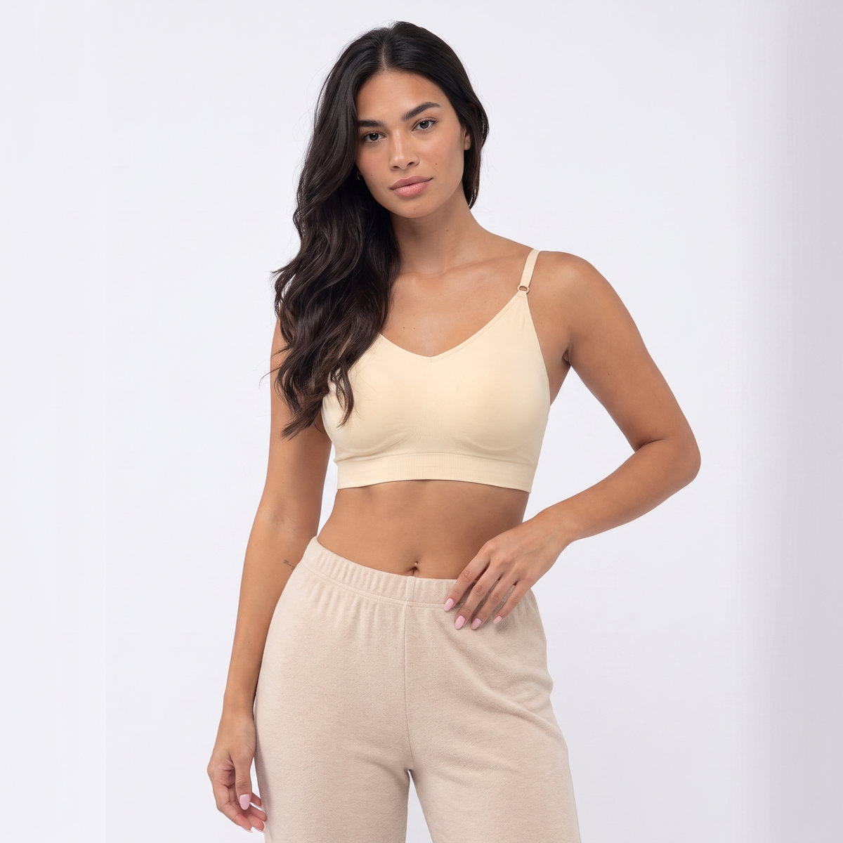 The Full Coverage Comfort Bra in Sand — full-length front