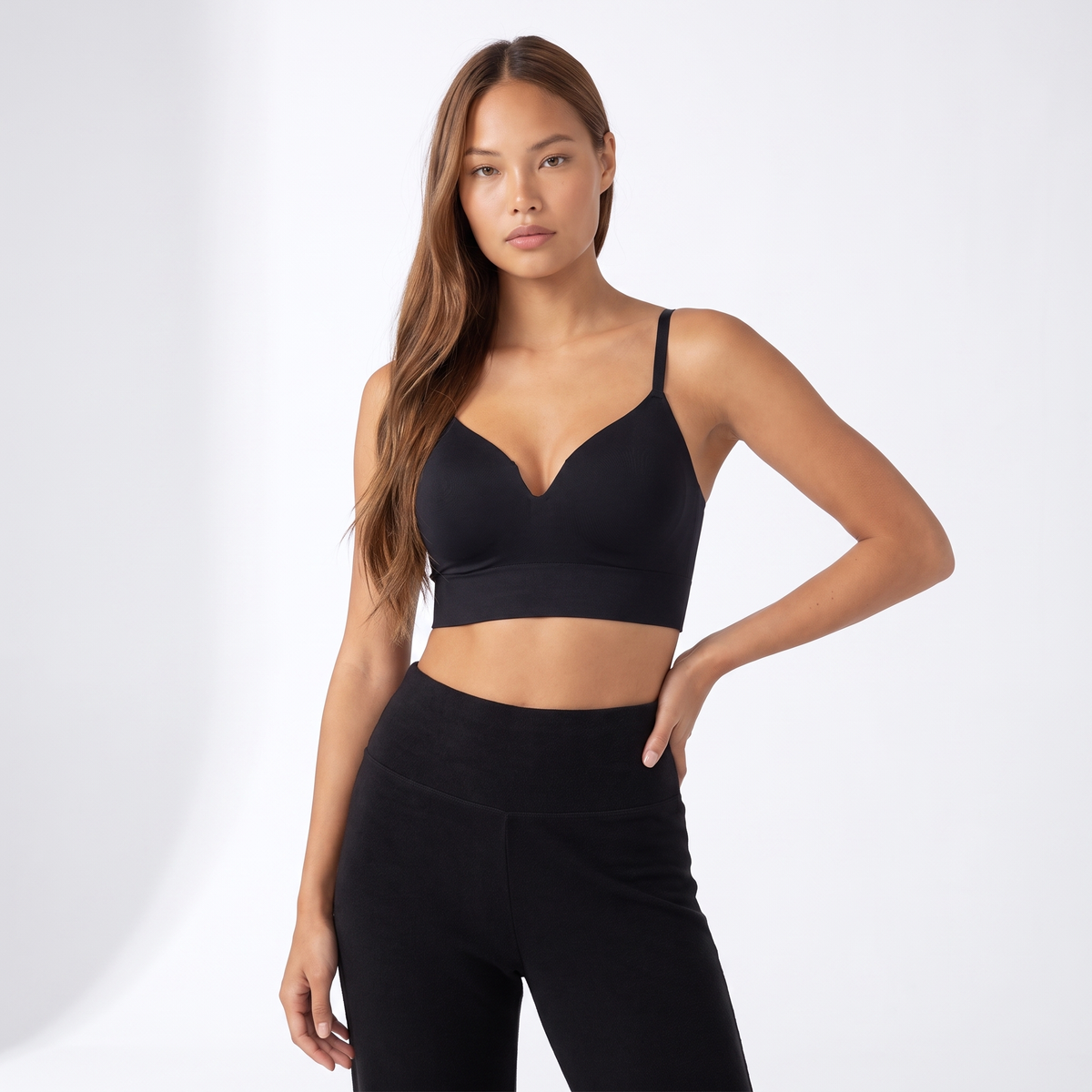 The Wireless V-Neck Shaping Bra — full-length front, Black