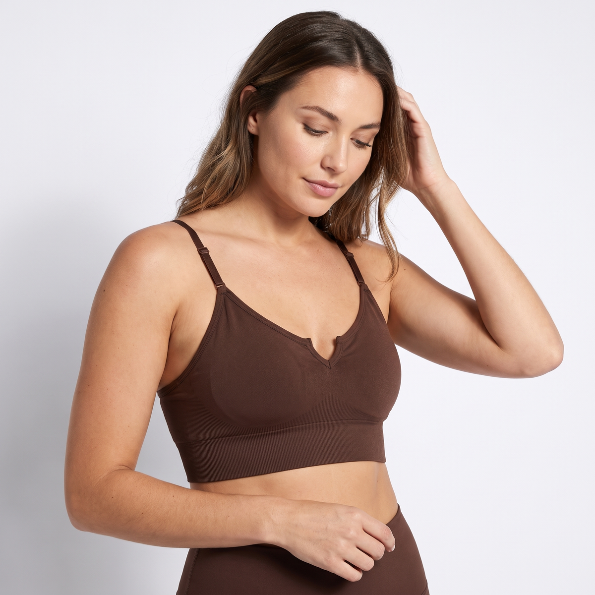 The Wireless V-Neck Shaping Bra — Chocolate colourway close-up