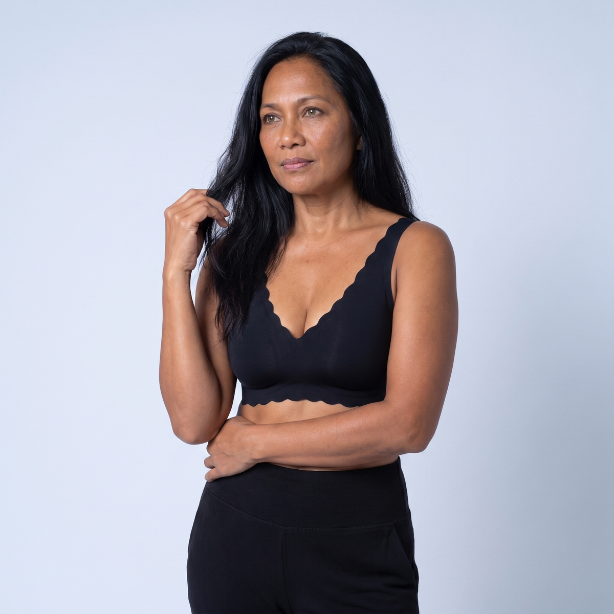 The Scalloped Deep V Wireless Bra — front three-quarter view