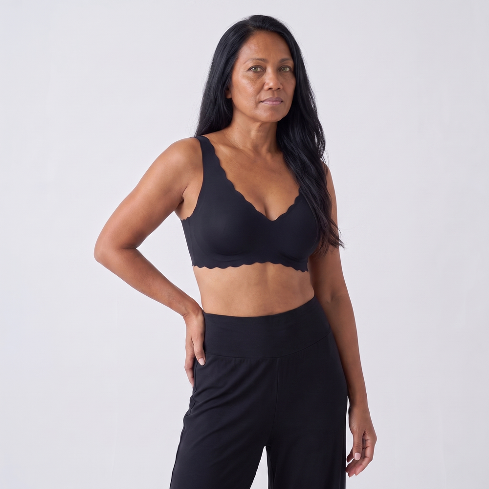 The Scalloped Deep V Wireless Bra — full-length front view