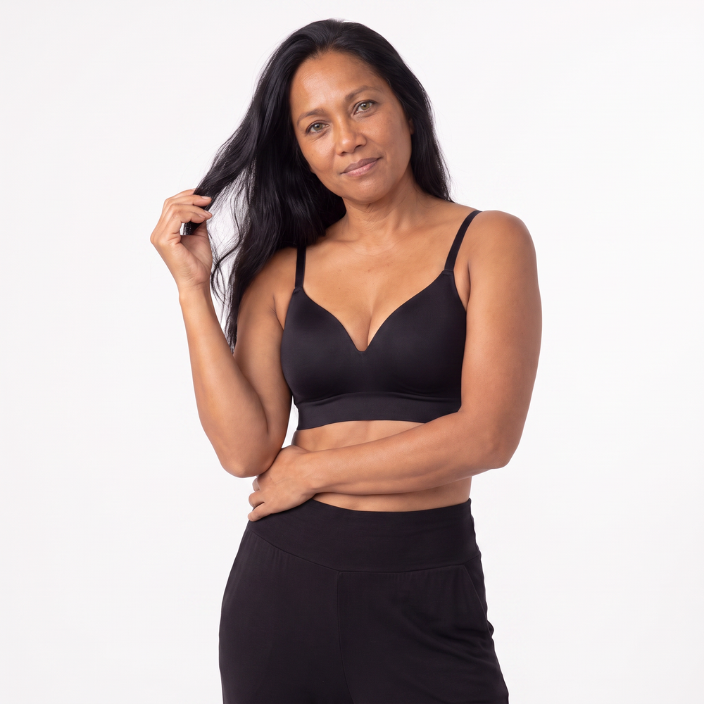 The Wireless V-Neck Shaping Bra — front three-quarter, Black