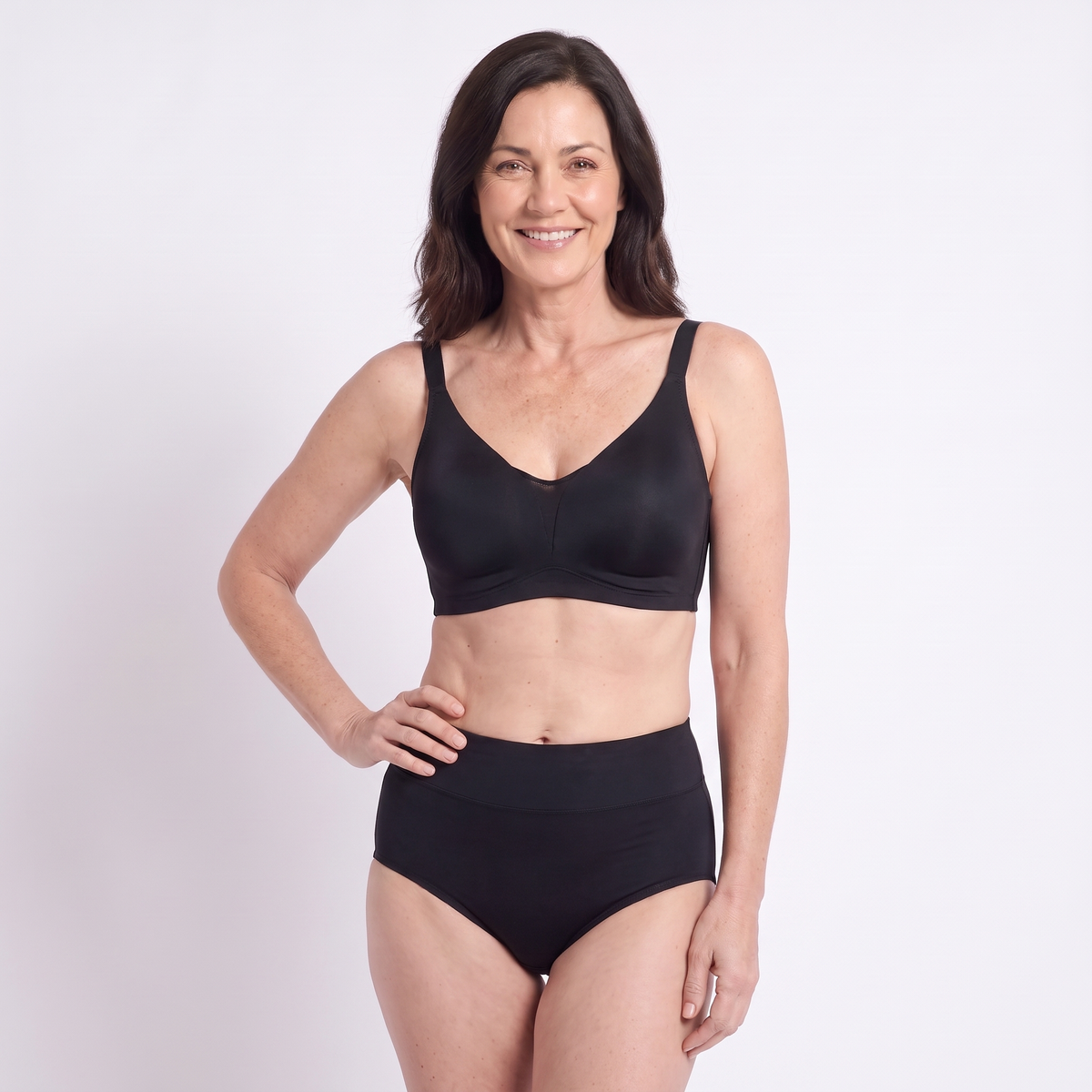 The Support & Lift QuietFrame Set in Black — front, hand on hip